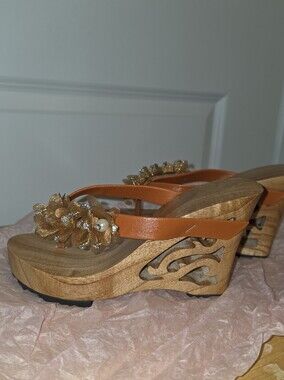 Handmade Custom Orange Floral Embellished Wedge Sandals